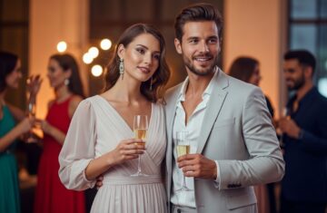 Młoda para na weselnym afterparty trzyma kieliszki szampana, otoczona gośćmi w eleganckich strojach.