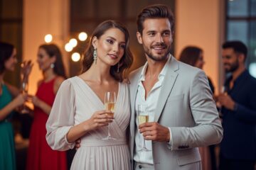 Młoda para na weselnym afterparty trzyma kieliszki szampana, otoczona gośćmi w eleganckich strojach.