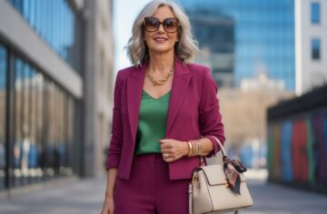 Kobieta w wieku 50 lat w nowoczesnym eleganckim stroju, uśmiechnięta na tle miejskim, naturalne światło