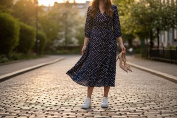 Kobieta w granatowej sukience w białe grochy stoi na brukowanej ulicy, trzymając beżowe szpilki i nosząc białe sneakersy
